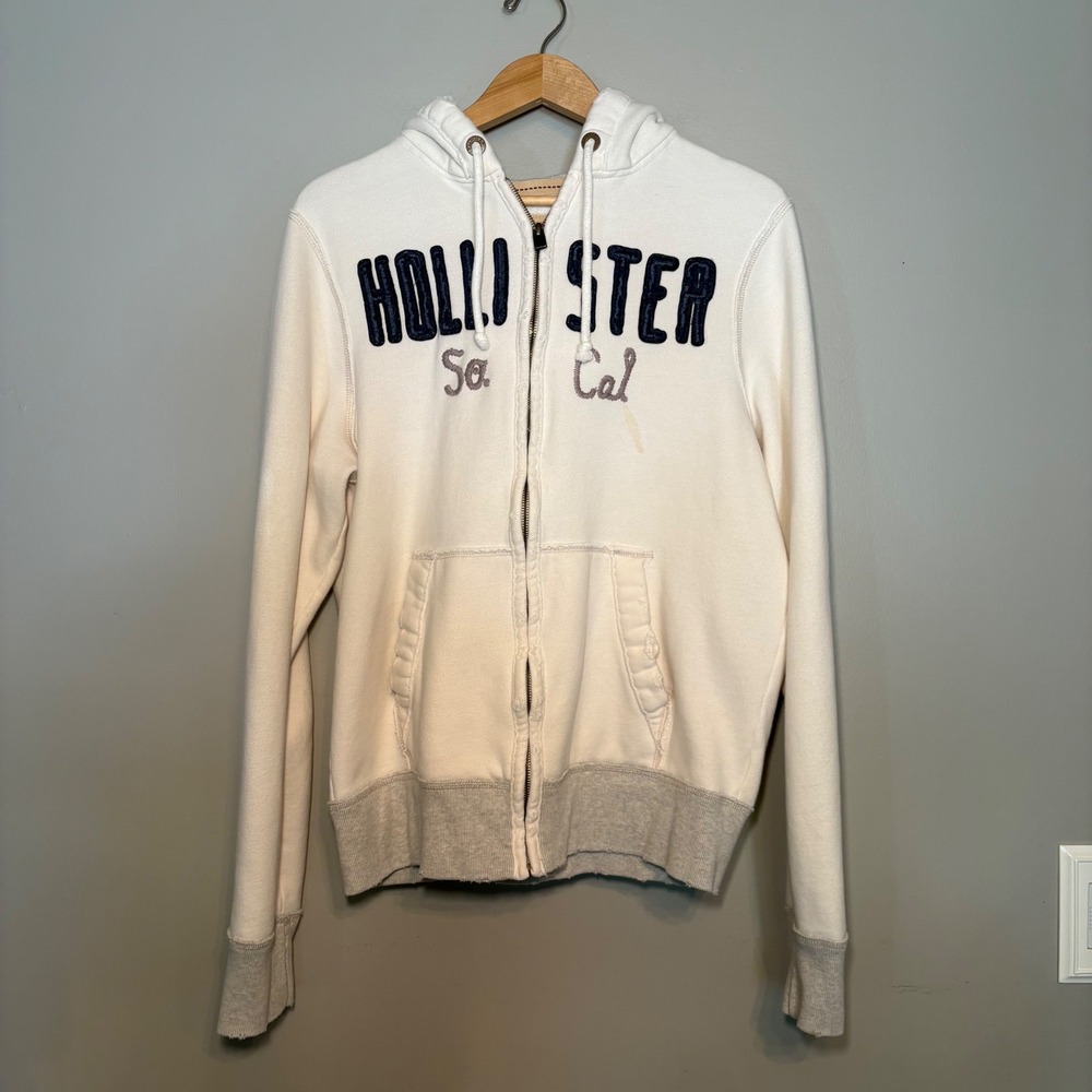 Hollister California Full Zip Hoodie Cream Grey Distressed Logo Mens XL Y2K Surf